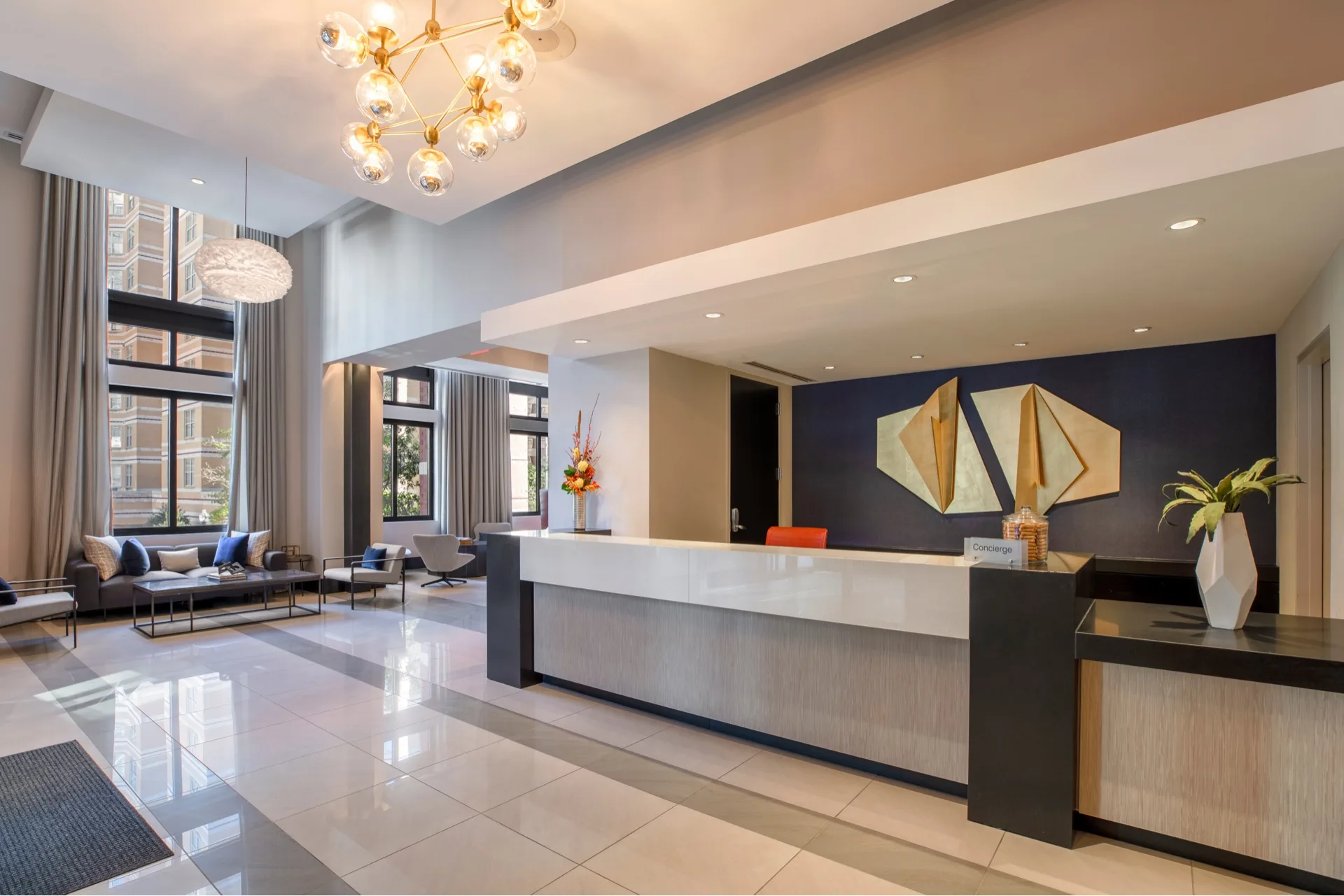 Lobby and front desk with eye-catching decorations